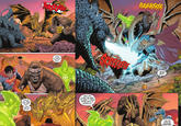 THUMP THUMP THUMP GOOD TO HAVE YOU BACK ON OUR SIDE, KONG.. THREE OF US...THREE HEADS. SEEMS SEEM LIKE A FAIR FIGHT. SUPES, KONG, LET'S DO THIS... HOLD ON, CLARK! WE NEED TO KEEP IT FROM FIRING BACK AT GODZILLA! RHAAAAGGGGG ...WATCH OUT! THEY'RE WORKING TOGETHER...