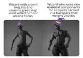 Wizard with a bent twig his 2nd cousins great step aunt willed him for arcane focus Wizard who uses raw material components for all spells carried in a backpack that weighs 250 lbs