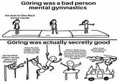 Göring was a bad person mental gymnastics he was in the Nazi inner circle Göring was actually secretly good his brother Albert saved Jews and dissidents when he was caught, Göring pulled strings to release him "Albert didn't have the connections and money to do it alone, Hermann must have helped"-Hermann's daughter also clean Wehrmacht or something
