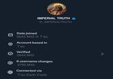 @ IMPERIAL TRUTH @_IMPERIALTRUTH Date joined 0033.M42 in T'au Account based in T'au Verified 0944.M42 6 username changes 0795.M42 Connected via T'au Earth Caste