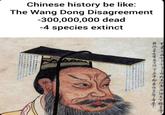 Chinese history be like: The Wang Dong Disagreement -300,000,000 dead -4 species extinct 在位三十七年居王位二十五年帥帝位土年壽五 名目で皇と卵郎王位庚辰併天下皇帝