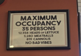 MAXIMUM OCCUPANCY 35 PERSONS 12,358 HEADS OF LETTUCE 5,280 MEATBALLS 819 CANNOLIS NO BAD VIBES