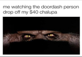 me watching the doordash person drop off my $40 chalupa jahzuuuu