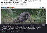 African village terrorised by gay baboon who recently r---- 5 men In the past week, this particular baboon has attacked more than six men. The baboon pins down passersby who do not resist the ferocious animal. By Newax Bureau | New Delhi | Updated: 18 April 2017 2:41 PM Kids in the village are wearing preventive dresses until the gay baboon has been taken care of Thisiscoolshit • 10h WAIT! Title says r---- 5 men, article says pinned 6. Who's the consensual baboon f-----?! 234 2 Reply