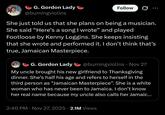 X user @burningviolins tweeted, "She just told us that she plans on being a musician. She said "Here's a song I wrote" and played Footloose by Kenny Loggins. She keeps insisting that she wrote and performed it. I don't think that's true, Jamaican Masterpiece."