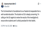 Oklahoma Governor Kevin Stitt weighed in on the Samantha Fulnecky OU Psychology Essay controversy, writing, "The 1st Amendment is foundational to our freedom & inseparable from a well rounded education. The situation at OU is deeply concerning. I’m calling on the OU regents to review the results of the investigation & ensure other students aren’t unfairly penalized for their beliefs."