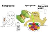 An edit of a Catoonz comic about European vs. American milk. The edit replaces the American with SpongeBob.