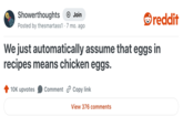 Showerthoughts + Join reddit Posted by thesmartass1 · 7 mo. ago We just automatically assume that eggs in recipes means chicken eggs. 10K upvotes Comment Copy link View 376 comments
