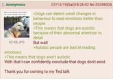 : Anonymous When ur human says "who's a good boy" and you already know it's you 52 KB JPG emotions 07/13/19(Sat) 18:26:02 No.53356004 >Dogs can detect small changes in behaviour to read emotions better than people >This means that dogs are autistic because of their abnormal attention to detail But wait >Autistic people are bad at reading >This means that dogs aren't autistic With that I can confidently conclude that dogs don't exist Thank you for coming to my Ted talk