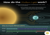 How do the Northern Lights work? Charged particles from the sun, carried by solar winds, collide with our atmosphere. Earth's magnetic fields redirect these particles toward the poles, where they interact with atmospheric gasses, causing the gas molecules to emit light. Solar winds Earth's magnetic field Why are auroras different colors? Auroras take on different colors depending on the type of atoms that interact and at what altitude. Nitrogen Oxygen O (altitude in miles) Sources: HowStuffWorks.com, Space.com 60 60 150 created by Lemonly
