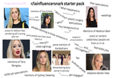 Hungry_Security_8747 r/lainfluencersnark starter pack "What happened to mentions of Tara Yummy " Are and praise for Addison Rae/ wondering w-- is wrong with her still friends?" ?” "Who is this?" plastic surgery " Who?" speculations "Any background on people claiming to know someone irl some people you have never PE CH AWA " heard of new bf?" celeb sightings ?” pregnancy announcements some mention of Kardashians " Are filler speculations weddings Mentions of Madison Beer snark on random celebrities/ people not from or in LA and still together?" Tea bad boob jobs mentions of Tana Mongeau boob job speculations Remembering Kylie Jenner's old eras 66 podcast people got engaged!" mentions of Sydney Sweeney Alabama Barker hate