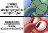 Getting hit with a sleeping spell in a major fight Remembering 5 sessions later that I'm playing an Undead PC imgflip.com