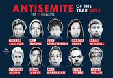 A list of the top 10 nominees for StopAntisemitism's Antisemite of the Year awards 2025. Ms. Rachel is in the running, alongside people like Tucker Carlson and Cenk Uygur.