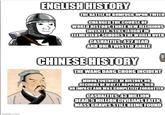 imgflip.com ENGLISH HISTORY THE BATTLE OF B-------UPON-TWEED CHANGED THE COURSE OF WORLD HISTORY, THREE NEW RELIGIONS INVENTED, STILL TAUGHT IN ELEMENTARY SCHOOLS THE WORLD OVER CASUALTIES: 432 DEAD AND ONE TWISTED ANKLE CHINESE HISTORY THE WANG DANG CHONG INCIDENT jeja.pl MINOR FOOTNOTE IN HISTORY, NO RECORDS OF WHY IT HAPPENED, HAD NO IMPACT AND WAS COMPLETELY FORGOTTEN CASUALTIES: 43 MILLION DEAD, 5 MILLION CIVILIANS EATEN, MASS GRAVES STILL BEING FOUND