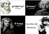 a²=b²+c² E=mc² Pi-ta-go A. Einstein F=ma 16x55=28 Newton Narancia