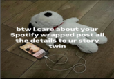 btw I care about your Spotify wrapped post all the details to ur story twin 10:29