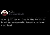 Angie @nolongercowgirl Spotify Wrapped day is like the super bowl for people who have crumbs on their bed 000