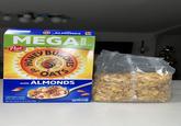 ESTUSED BY with ALMONDS MEGA Post BU HONEY CHES OATS With ALMONDS SWEETENED CEREAL WITH OATS & HONEY NET WT 28 OZ (1 LB 12 OZ) 793g PER 1 CUP SERVING