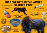 THAT ONE OTTB IN THE WINTER Super fresh STARTER PACK after stall rest LATEX FREE Inj-Light® High cal feed to keep condition Vet on speed dial Praying for him to get sound 33 Going through half a bottle of purple spray FIRST AID & STABLE PURPLE SPRAY A traditional disinfectant for minor cuts and grazes In an easy to use, quiet, pump spray 250ml e EQUIMINS HONGE PRODUCTS TROJA R TROJAN € GALLOP Lame because of a hoof abcsess TROJAN SIMPLY TURNOUT 2509 turnout rug GALLOP