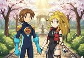 Namco x Capcom: Hub (Rockman Exe) and Xiaomu in a Cherry Blossom