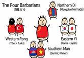 The Four Barbarians (Si Yí) Northern Di (Mongolian Nomads) Western Rong (Tibet + Turks) Eastern Yi (Korea + Japan) Southern Man (Burmic, Khmer)