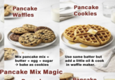 Pancake Waffles Pancake Cookies Mix pancake mix + butter + egg + sugar → bake as cookies Pancake Mix Magic Use same batter but add a little oil & cook in waffle maker. Pancake