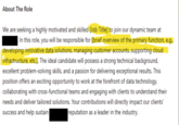 About The Role We are seeking a highly motivated and skilled [Job Title] to join our dynamic team at In this role, you will be responsible for [brief overview of the primary function, e.g., developing innovative data solutions, managing customer accounts, supporting cloud infrastructure, etc.]. The ideal candidate will possess a strong technical background, excellent problem-solving skills, and a passion for delivering exceptional results. This position offers an exciting opportunity to work at the forefront of data technology, collaborating with cross-functional teams and engaging with clients to understand their needs and deliver tailored solutions. Your contributions will directly impact our clients' success and help sustain reputation as a leader in the industry.