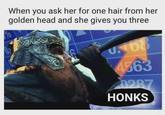 When you ask her for one hair from her golden head and she gives you three U68 4563 0287 HONKS