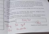 ne cand 7. Candidate is prohibited from objectionable or obscene language or write anything addressing the examiner in manner whatsoever in his/her answer book. If he/ does so his/her script will not be valued and he/she shall be subjected to disciplinary action. any she 8. The number of lines in each page should not be less 9. than 20. Responsibility to handover the answer script to the invigilator lies with the candidate only. 10. Any misbehaviour by a candidate in the examination hall results in his/her expulsion by the Principal. 58/60 to get GRAND TOTAL Try 60' можко Name of the Examiner