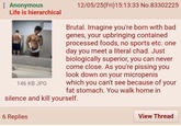: Anonymous Life is hierarchical 146 KB JPG 12/05/25(Fri)15:13:33 No.83302225 Brutal. Imagine you're born with bad genes, your upbringing contained processed foods, no sports etc. one day you meet a literal chad. Just biologically superior, you can never come close. As you're pissing you look down on your micropenis which you can't see because of your fat stomach. You walk home in silence and kill yourself. 6 Replies View Thread