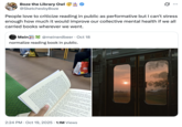 X user @SketchesbyBoze tweeted, "People love to criticize reading in public as performative but I can't stress enough how much it would improve our collective mental health if we all carried books wherever we went."