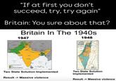 "If at first you don't succeed, try, try again" Britain: You sure about that? Britain In The 1940s 1947 1948 AFGHANESTAN KASI JAN PAKISTAN New De NEPAL SIND Arabian Sea GUARAT INDIA Bomber HYDERABAD Brash India before independence Bed tony, fed by Daputed territory, centrated by Pakistan INDIAN OCEAN TIRET Bay of Bengal CHINA ASSAM BURMA PALESTINE PLAN OF PARTITION PLAN DE PARTAGE Two State Solution Implemented Result>Massive violence Two State Solution Implemented Result -> Massive violence