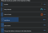 What job would you prefer in the Imperium of Man Servitor Warp Refueler Choir of Souls Just kill me spice marine 3%> 2%> 4% > 38% > 6% > The guy that delivers Carbonara to the Italian Marines. 6% >