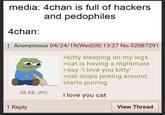 media: 4chan is full of hackers and pedophiles 4chan: Anonymous 04/24/19(Wed)00:13:27 No.52087291 >kitty sleeping on my legs >cat is having a nightmare >say "i love you kitty" >cat stops jerking around, starts purring 38 KB JPG i love you cat 1 Reply View Thread