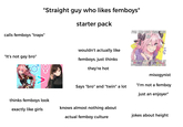 "Straight guy who likes femboys" starter pack FOR THE LAST TIME BRO NO calls femboys "traps" wouldn't actually like "It's not gay bro" femboys, just thinks they're hot Says "bro" and "twin" a lot NO I'M NOT GAY IT JUST HELPS MY INSOMNIA WHEN U SPOON WITH MI misogynist "I'm not a femboy just an enjoyer" thinks femboys look exactly like girls knows almost nothing about actual femboy culture jokes about height