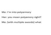 Me: I'm into polyarmory Her: you mean polyamory right? Me: [with multiple swords] what