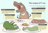 The recipes of T-rex What was the favorite food of the top predators of the Cretaceous period? Alamosaurus The huge Alamosaurus could not escape the claws of T-rex. The researchers found T-rex (maybe) bite marks on the Alamosau- rus fossil, along with their remaining teeth alongside the fossil. Triceratops Triceratops was the favorite food of T-rex. Paleontologists have discovered that Tyrannosaurus especially loved the neck meat of Triceratops-they would tear off the giant heads of Tricer- atops and feast on the delicacy. Other Tyrannosaurus T-rex will also attack the same kind. Paleon- tologists have found similar bite marks on the humerus, metatarsals and soles of T-rex. They don't show mercy to their fellow min- ions. Small mammal T-rex also occasionally caught prehistoric mammals for snacks. In a fossil of the stom- ach contents of a T-rex, scientists discovered the mandible and teeth fossils of the mammal. Edmontosaurus The plump Edmontosaurus is also a T-rex favorite. It's a dish for all ages-scholars have even observed subadult T-rex gnawing marks on the tailbone of Edmontosaurus