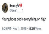 The original "Young hoes cook everything on high" "tweet":https://knowyourmeme.com/memes/sites/twitter-x from X user @Bean_____1 in November 2025.