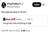 A "quote-tweet":https://knowyourmeme.com/memes/quote-retweets-qrts of the original "Young Hoes Cook Everything on High" post in November 2025.