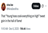 A "tweet":https://knowyourmeme.com/memes/sites/twitter-x referencing the viral Young Hoes Cook Everything on High post on Twitter / X in November 2025.