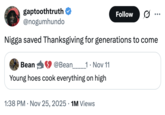 gaptoothtruth @nogumhundo Follow ☑ N---- saved Thanksgiving for generations to come Bean @Bean______1 • Nov 11 Young hoes cook everything on high • 1:38 PM Nov 25, 2025 1M Views