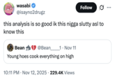 wasabi Follow .. @isayno2drugz this analysis is so good ik this n---- slutty asl to know this Bean @Bean________1 ⚫ Nov 11 Young hoes cook everything on high • 10:11 PM Nov 12, 2025 229.4K Views •