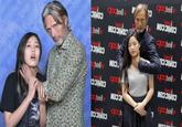 Two photos of Mads Mikkelsen mock-choking fans.