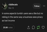 riddlecats Mar 14 Follow in some aspects tumblr users see a like but no reblog in the same way a business sees piracy as lost income 25.8K notes