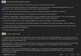 blackheartbiohazards Someone else's fiction cannot cause you physical harm. If someone else's fiction is causing you emotional or psychological harm, or distress, you can put it down and not read/watch it. ◆ Your emotional well-being is not the responsibility of fiction writers. Someone else's fiction is not about your personal trauma. ◆ When reading or watching fiction, you always have the power. You can always stop. You are never reading fiction without your own consent. Fiction writers are not responsible for other people's mental health. The content of a piece of fiction does not reflect on the morality of its author. Just because someone writes about bad things happening, doesn't mean they want those things to happen. Don't like? Don't read. Rroach-works -a writer's only job is to tell their story. they have no responsibility to you for how it makes you feel. you chose to consume the story. so those are your feelings that you need to take ownership of. -discomfort is not the same as harm and acclimating yourself via fiction to strongly unpleasant emotions such as sorrow, indignation, and disgust will make you stronger and healthier -however if you are repeatedly triggering yourself by engaging with media that makes you miserable you should probably recognize that it's up to you to stop hurting yourself 59,8 k notes