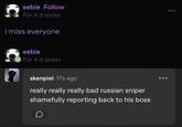 eebie Follow För 4 d sedan i miss everyone eebie För 4 d sedan skenpiel 17s ago really really really bad russian sniper shamefully reporting back to his boss D 600