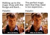 Walking up to the magic shop with the Rouge and Bard... Paladin: The perfect magic item that they need is too expensive... Paladin: We're not thieves. Well, we are thieves...