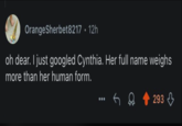 Orange Sherbet8217 • 12h oh dear. I just googled Cynthia. Her full name weighs more than her human form. 293