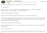 Sugi Choi (hiring) in • 2nd + Follow Founding Ops @ virio.ai | The Al Marketer for Enterprise | ex-founder 2h I'd always choose 996 over "remote work" 4 hours a day in my bed. I've done both. Remote work? I loved it. Laptop in bed, half the day just... slacking. Nobody is watching. Zero accountability. It was comfortable. And that was exactly the problem. At Virio, we run 996. Not because we have to - because we want to. There's something different about being in the trenches with your team. The energy. The random whiteboard sessions that turn into breakthroughs. The inside jokes at 8pm when you're all still grinding. It feels like a warzone in the best way. 996 isn't about hours for us. It's a mentality. It's choosing to go all-in on something that matters. Is it for everyone? No. But if you're the type who gets more energy from intensity than from comfort - join us.