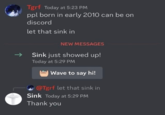 Tgrf Today at 5:23 PM ppl born in early 2010 can be on discord let that sink in ↑ NEW MESSAGES Sink just showed up! Today at 5:29 PM Wave to say hi! @Tgrf let that sink in Sink Today at 5:29 PM Thank you